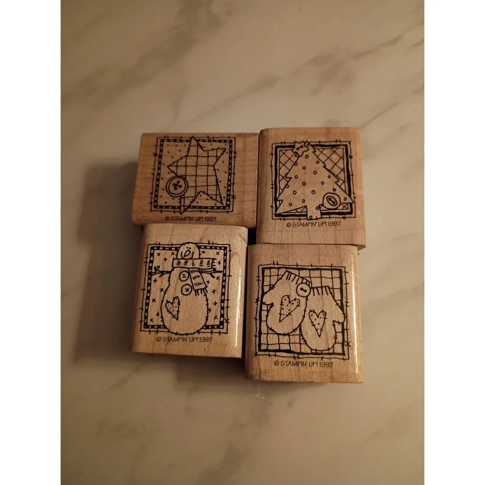 Stampin Up 1997 Vintage Wood Mounted Rubber Stamps Winter Christmas Set of 4